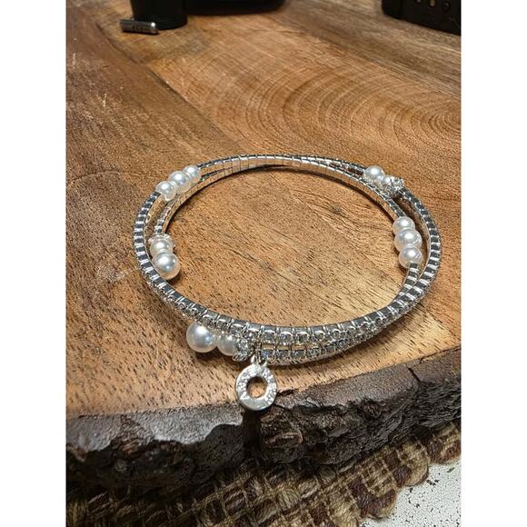 New Macy's Station Anne Klein Imitation Pearl with Crystals Coil Wrap Bracelet - Picture 1 of 4